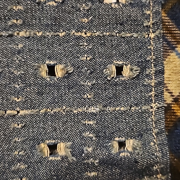 Simply Couture Top Button Up Flannel Plaid shirt Distressed Denim - Picture 10 of 11